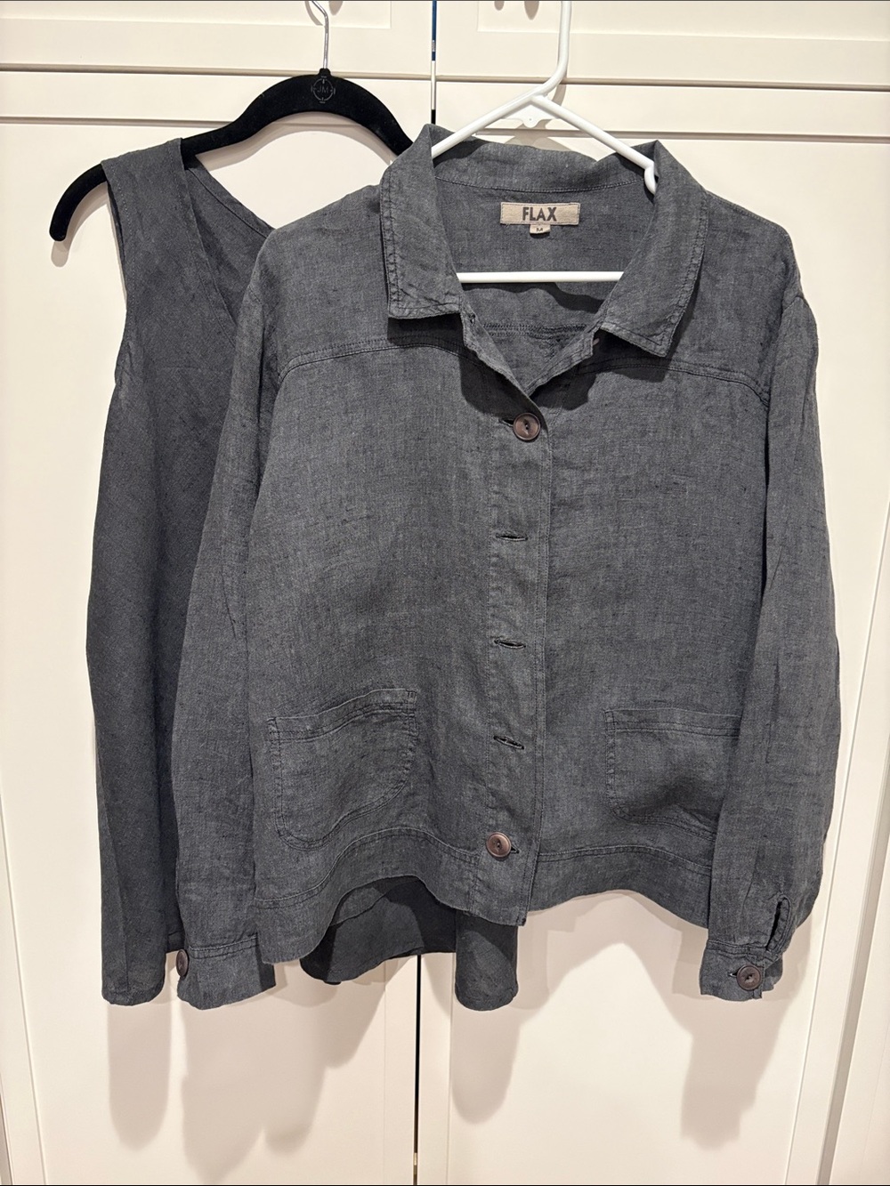 Flax Charcoal Gray Linen Button-Front jacket and sleeveless top